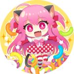  1girl :d ahoge angel_beats! animal_ears bangs blush bow cat_ears cat_tail dress elbow_gloves eyebrows_visible_through_hair fang full_body gloves hair_between_eyes hair_bow long_hair looking_at_viewer nakamura_hinato open_mouth outstretched_arms pink_eyes pink_hair polka_dot polka_dot_dress red_bow red_dress red_eyes red_gloves shiny shiny_hair short_dress sleeveless sleeveless_dress smile solo standing standing_on_one_leg striped striped_dress striped_legwear tail thighhighs very_long_hair white_background yui_(angel_beats!) zettai_ryouiki 