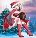  1girl absurdres bare_shoulders box breasts capelet closed_mouth dress fujino_shiroha fur-trimmed_dress fur-trimmed_headwear fur_trim gift gift_box grey_hair hair_between_eyes hair_ornament hairpin hat high_heels highres holding long_hair looking_at_viewer nue_no_onmyouji red_capelet red_dress red_hat santa_costume santa_dress santa_hat sleeveless solo te_n_ge yellow_eyes 