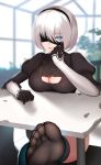  black_blindfold black_dress black_hairband blindfold blindfold_pull damao_yu dress feather-trimmed_sleeves feet hairband highleg highleg_leotard highres leotard mole mole_under_mouth nier_(series) nier_automata pov_feet revision soles toes white_leotard yorha_no._2_type_b 