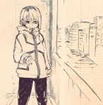  1girl arm_at_side building coat commentary_request covered_mouth cropped_legs flat_chest hair_between_eyes hand_up highres jacket kotoyama looking_at_viewer medium_hair monochrome original pants solo standing sweatpants traditional_media 