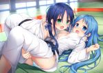  2girls alternate_costume areola_slip areolae ass bangs belt black_belt blue_eyes blue_hair blue_panties blush breasts breath clothes_grab commentary_request convenient_head dougi eyebrows_visible_through_hair ezoshika gradient_hair green_eyes hair_censor hair_over_breasts head_out_of_frame indoors kantai_collection karate_gi long_hair looking_at_viewer low_twintails lying medium_breasts multicolored_hair multiple_girls on_back open_clothes open_mouth panties samidare_(kantai_collection) shirt_pull small_breasts smile steam suzukaze_(kantai_collection) sweat swept_bangs twintails underwear uniform very_long_hair wet 