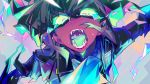  1boy burning_eyes close-up colorful cravat fangs fire glowing glowing_eyes green_sclera green_tongue kibadori_rue lio_fotia male_focus open_mouth promare purple_eyes purple_fire pyrokinesis solo tongue tongue_out 