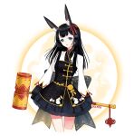  1girl :o animal_ear_fluff animal_ears animal_print back_bow black_bow black_dress black_hair black_skirt blue_eyes blunt_bangs bow chinese_clothes commentary cropped_legs dockab dress frilled_skirt frilled_sleeves frills hair_bow hammer holding holding_hammer light_blush long_hair long_sleeves looking_at_viewer luna_angel_(miracle_nikki) miniskirt miracle_nikki moon nikki_(series) official_alternate_color open_mouth rabbit_ears rabbit_girl rabbit_print red_bow short_dress sidelocks signature skirt skirt_under_dress solo standing tanabata weapon_behind_back white_background white_sleeves 