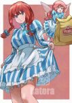  2girls blue_eyes bow braid breasts cosplay dress gaw_ha_leecee hair_bow juusenki_l-gaim k_katora lilith_fau long_hair looking_at_viewer multiple_girls open_mouth puffy_sleeves red_hair smile striped_clothes striped_dress twin_braids twintails vertical-striped_clothes wendy's wendy_(wendy's) wings 