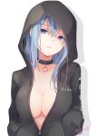  1girl bangs blue_eyes blue_hair blush breasts choker cleavage clothes_writing collarbone emori_miku emori_miku_project eyebrows_visible_through_hair hair_between_eyes hair_ornament hands_in_pockets head_tilt heart heart_choker highres hood hood_up hoodie kuroi_(liar-player) large_breasts long_hair looking_at_viewer no_bra parted_lips partially_unzipped solo twitter_username upper_body 