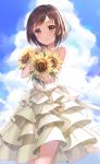  1girl bang_dream! bangs bare_arms bare_shoulders blue_sky blush brown_eyes brown_hair closed_mouth cloud cloudy_sky collarbone commentary_request day dress eyebrows_visible_through_hair flower hazawa_tsugumi highres layered_dress looking_at_viewer lunacle object_hug outdoors short_hair sky sleeveless sleeveless_dress smile solo sundress sunflower white_dress yellow_flower 