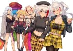  5girls :d ;d ^_^ admiral_graf_spee_(azur_lane) admiral_hipper_(azur_lane) antenna_hair aran_sweater azur_lane bag bangs bare_shoulders beret black_footwear black_headwear black_jacket black_legwear black_skirt blonde_hair blue_eyes blunt_bangs blush boots breasts cardigan casual cellphone choker cleavage closed_eyes collarbone commentary_request cropped_sweater cup expressionless eyebrows_visible_through_hair fishnets gift graf_zeppelin_(azur_lane) green_eyes grey_sweater hair_between_eyes hat holding holding_arm holding_bag holding_cup holding_gift holding_phone jacket large_breasts long_hair looking_at_viewer medium_breasts messy_hair mole multicolored_hair multiple_girls off-shoulder_blouse off-shoulder_shirt off_shoulder one_eye_closed open_cardigan open_clothes open_mouth pants pantyhose phone pointing prinz_eugen_(azur_lane) red_eyes red_hair ribbed_sweater roon_(azur_lane) satou_daiji shirt short_hair sidelocks silver_hair simple_background skirt sleeves_past_wrists small_breasts smartphone smile streaked_hair suspender_skirt suspenders sweater two_side_up very_long_hair white_background yellow_pants yellow_skirt 