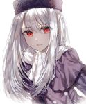  1girl :d bangs deep_(deep4946) eyebrows_visible_through_hair fate/stay_night fate_(series) hair_between_eyes hat highres illyasviel_von_einzbern long_hair looking_at_viewer open_mouth purple_capelet purple_coat purple_headwear red_eyes scarf silver_hair simple_background smile solo upper_body white_background white_scarf 