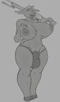 abs amadchief animal_genitalia anthro areola balls big_balls big_breasts big_penis bovid breasts bulge caprine cheek_tuft chest_tuft clothed clothing detailed_bulge facial_tuft genital_outline genitals goat greyscale gun gynomorph hair hand_on_breast hand_on_own_breast hanna_(wendigoinabox) hi_res holding_gun holding_object holding_ranged_weapon holding_weapon hooves horn intersex mammal monochrome muscular muscular_anthro muscular_gynomorph muscular_intersex muscular_thighs navel nipples open_mouth partially_clothed penis penis_outline ranged_weapon rifle rocky_mountain_goat sheath short_hair short_horn simple_background small_horn snaggle_tooth solo thick_thighs tuft underwear underwear_only weapon