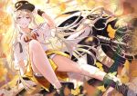  1girl alternate_costume autumn_leaves azur_lane bare_legs baseball_cap clothes_around_waist commentary_request dutch_angle enterprise_(azur_lane) ground_vehicle hamaru_log hat jacket_around_waist jewelry long_hair motor_vehicle motorcycle necklace purple_eyes shirt shoes shorts silver_hair smile sneakers socks t-shirt wristband 