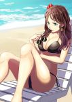  1girl barefoot beach bikini black_bikini breasts brown_hair cleavage collarbone day dorothea_arnault earrings fire_emblem fire_emblem:_three_houses flower green_eyes gzo1206 hibiscus highres holding holding_eyewear jewelry long_hair medium_breasts outdoors red_hair shiny shiny_hair side-tie_bikini sids sitting solo sunglasses sweatdrop swimsuit 