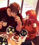 1boy 1girl alternate_costume ankh ankh_necklace blush breasts brown_hair casual coffee coffee_mug contemporary cup detached_sleeves food fork green_eyes guilty_gear guilty_gear_strive hair_between_eyes happy_valentine highres holding holding_cup holding_fork husband_and_wife jack-o&#039;_valentine jewelry knight_servant large_hands long_hair looking_at_another magician_servant mug multicolored_hair muscular muscular_male necklace official_alternate_hair_length official_alternate_hairstyle red_hair red_sweater short_hair sitting smile sol_badguy spiked_hair sweater table turtleneck turtleneck_sweater two-tone_hair ume_(okum_00) very_long_hair white_hair 