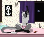alien bed bedroom black_hair black_markings blush braided_hair canid canine cellphone clothing curtains curtains_open dark_stripes davespaceman deity ear_piercing ear_ring earth electronics femboy flowery_clothing furniture grey_body hair hi_res horn humanoid looking_at_viewer male mammal markings multicolored_clothing not_furry panties phone piercing pillow pink_bed pink_bedding planet poster ring_piercing shirt slim_male smile solo space star stretching striped_body stripes t-shirt tail tail_fluff topwear torn_wallpaper umiyaena underwear wallpaper_(decoration) white_body white_clothing white_hair white_shirt white_topwear window zozi_nozrath_(davespaceman)