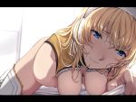  1girl all_fours ass blonde_hair blue_eyes bottomless breast_press breasts day earmuffs embarrassed evelysse_(star_ocean) eyebrows_visible_through_hair foreshortening hair_between_eyes long_hair looking_at_viewer looking_to_the_side masturbation no_bra open_mouth sagging_breasts sblack solo_focus star_ocean star_ocean_anamnesis sweat 