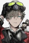  1girl 2boys adjusting_clothes adjusting_necktie aqua_eyes beard berezovich_kryuger_(girls&#039;_frontline) black_gloves black_hair black_necktie cigar closed_mouth coat collared_shirt commander_(girls&#039;_frontline) commentary cup english_commentary facial_hair gas_mask girls&#039;_frontline gloves griffin_&amp;_kryuger_military_uniform helianthus_(girls&#039;_frontline) honi_(ohohoni) long_hair looking_at_viewer mask mug multicolored_hair multiple_boys necktie paper_stack print_mug red_coat shirt short_hair simple_background smoking sweatdrop two-tone_hair white_hair white_shirt 