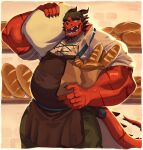 2025 5_fingers accessory anthro apron arm_scar bag bakery biceps biped black_claws black_horn border bottomwear bread brown_apron brown_clothing brown_eyes chest_scar claws clothed clothing countershade_neck countershade_scales countershade_tail countershade_torso countershading detailed_background digital_media_(artwork) dragon facial_horn facial_scar finger_claws fingers food green_bottomwear green_clothing green_pants headband hi_res holding_object horn male medieval_clothing multicolored_body multicolored_scales musclegut muscular muscular_anthro muscular_male mythological_creature mythological_scalie mythology neck_spines nose_horn open_mouth overweight overweight_anthro overweight_male pants pecs red_body red_scales sack scales scalie scar sharp_teeth shelf signature solo spines standing string tail tail_scar tail_spines teeth topwear two_tone_body two_tone_scales wetghost white_border white_clothing white_topwear yellow_sclera