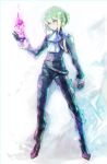  1boy androgynous biker_clothes cravat fire floating gloves green_hair half_gloves highres lio_fotia mad_burnish male_focus promare purple_fire pyrokinesis rei_snow_garden short_hair solo standing 