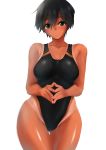 1girl alternate_breast_size ass_visible_through_thighs bangs black_hair breasts brown_eyes collarbone commentary_request competition_swimsuit cowboy_shot dark_skin fingers_together highleg highleg_swimsuit kantai_collection large_breasts looking_at_viewer mogami_(kantai_collection) one-piece_swimsuit short_hair simple_background solo swept_bangs swimsuit tan tanline white_background wide_hips yasushiro 