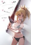  1girl bare_shoulders bikini black_bikini blonde_hair blush braid breasts clarent_(fate) fate/apocrypha fate_(series) green_eyes hair_ornament hair_scrunchie half_up_braid heart highres long_hair mordred_(fate) mordred_(fate/apocrypha) navel off_shoulder parted_bangs ponytail scrunchie see-through_clothes see-through_shirt shirt short_sleeves sidelocks small_breasts solo swimsuit sword tonee translation_request weapon 