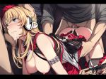  1girl 4boys areolae ass black_panties blonde_hair blue_eyes blush breasts breasts_outside cellphone censored cleavage commentary_request deepthroat earphones evelysse_(star_ocean) eyebrows_visible_through_hair gangbang garter_straps group_sex holding holding_phone irrumatio large_breasts male_pubic_hair mosaic_censoring multiple_boys nipples oral panties penis phone pubic_hair rape sblack sex smartphone solo_focus spitroast star_ocean star_ocean_anamnesis underwear 