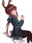  1girl amiya_(arknights) animal_ears arknights bangs blue_jacket blush brown_hair brown_legwear bunny_ears bunny_girl bunny_tail closed_mouth dokomon eyebrows_visible_through_hair feet_out_of_frame food green_eyes hair_between_eyes highres holding holding_food hood hood_down hooded_jacket jacket long_hair long_sleeves looking_at_viewer looking_to_the_side open_clothes open_jacket pantyhose sitting smile solo tail twintails very_long_hair white_background 