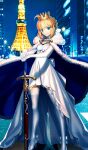  1girl ahoge artoria_pendragon_(fate) blonde_hair blue_background blue_cape bow breasts bun_with_braided_base caliburn_(fate) cape city closed_mouth commentary crown dress dress_bow elbow_gloves fate/grand_order fate_(series) feet_out_of_frame floating_cape fur-trimmed_cape fur_trim gloves gold_crown green_eyes hair_bow hands_on_hilt high-low_dress high_heels lace-trimmed_gloves lace-trimmed_thighhighs lace_trim looking_at_viewer night official_art outdoors photo_background saber_(fate) saber_(under_the_same_sky)_(fate) shoes short_hair sidelocks small_breasts smile solo standing strapless strapless_dress sword takeuchi_takashi thighhighs third-party_source tokyo_(city) tokyo_tower waist_bow weapon white_bow white_dress white_gloves white_shoes white_thighhighs 