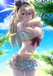  1girl alternate_costume baretto_(firearms_1) beach bikini blonde_hair blue_eyes blue_sky blush braid breasts cloud crown eyebrows_visible_through_hair flower french_braid frilled_bikini frills hair_between_eyes highres kantai_collection large_breasts long_hair looking_at_viewer mini_crown navel ocean open_mouth palm_leaf red_flower red_ribbon red_rose ribbon rose sky solo sunlight swimsuit warspite_(kantai_collection) 
