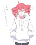  1girl :o =_= alternate_costume black_pants drill_hair hair_between_eyes hands_in_pockets highres hood hooded_sweater kasane_teto open_mouth pants red_hair sikime simple_background solo sweater twin_drills utau white_background white_sweater 