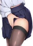  1girl artist_name brown_legwear close-up hand_on_own_thigh highres lower_body midriff_peek navel original pleated_skirt school_uniform shiny shiny_clothes shiny_skin shymiruku simple_background skirt skirt_lift solo standing thighhighs zettai_ryouiki 