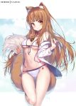  1girl animal_ear_fluff animal_ears apple artist_name ass_visible_through_thighs bangs bare_shoulders bikini blush breasts brown_hair brown_tail cameltoe commentary_request cowboy_shot eyebrows_visible_through_hair food fruit holo hong_(white_spider) jacket jacket_over_swimsuit jewelry long_hair long_tail navel necklace patreon_username pouch red_eyes signature small_breasts smile solo spice_and_wolf swimsuit tail watermark white_bikini white_tail wolf_ears wolf_tail 