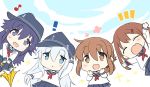  ! 4girls akatsuki_(kantai_collection) anchor_symbol black_hair black_legwear black_sailor_collar black_skirt blue_eyes blue_sky brown_eyes brown_hair chibi closed_eyes cloud commentary_request eighth_note fang flat_cap folded_ponytail hair_ornament hairclip hat hibiki_(kantai_collection) highres hizuki_yayoi ikazuchi_(kantai_collection) inazuma_(kantai_collection) kantai_collection long_hair long_sleeves multiple_girls musical_note neckerchief pantyhose pleated_skirt purple_eyes red_neckwear sailor_collar school_uniform serafuku short_hair silver_hair skin_fang skirt sky smile thighhighs umbrella yellow_umbrella 