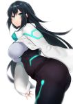  1girl ass black_bodysuit black_hair bodysuit breasts cropped_legs furrowed_eyebrows glowing green_eyes gundam gundam_build_divers_re:rise highres jacket kurowa large_breasts long_hair long_sleeves may_(gundam_build_divers_re:rise) popped_collar simple_background solo white_background white_jacket 