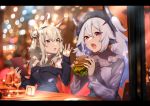  2girls animal_ears ayanami_(azur_lane) azur_lane bangs bare_shoulders black_dress black_headwear black_ribbon black_skirt blurry blurry_background brown_eyes bunny_ears character_name commentary_request cup depth_of_field double_bun dress drinking_glass eyebrows_visible_through_hair food hair_between_eyes hair_ornament hair_ribbon hairclip hamburger headgear holding holding_food karinto_yamada laffey_(azur_lane) letterboxed light_brown_hair long_hair long_sleeves looking_at_viewer multiple_girls off-shoulder_dress off_shoulder open_mouth purple_shirt red_eyes red_ribbon ribbon shirt silver_hair sitting skirt sleeves_past_wrists table twintails wine_glass 