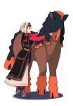  1girl absurdres amir_halgal boots breasts brown_eyes brown_hair closed_eyes dress hat headpat highres horse kazakh_clothes long_braid long_hair medium_breasts mudsdale open_mouth otoyomegatari patting patting_back pokemon pokemon_(creature) red_dress shadow tsumitobat79121 very_long_hair white_background 