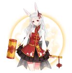  1girl :o animal_ear_fluff animal_ears animal_print back_bow black_skirt blunt_bangs bow chinese_clothes commentary cropped_legs dockab dress frilled_skirt frilled_sleeves frills grey_bow grey_hair hair_bow hammer holding holding_hammer light_blush long_hair long_sleeves looking_at_viewer luna_angel_(miracle_nikki) miniskirt miracle_nikki moon nikki_(series) open_mouth rabbit_ears rabbit_girl rabbit_print red_bow red_dress red_eyes short_dress sidelocks signature skirt skirt_under_dress solo standing tanabata weapon_behind_back white_background white_sleeves 