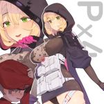  1boy 1girl beret black_dress blonde_hair breasts character_name commander_(girls_frontline) dress girls_frontline green_eyes hair_between_eyes hat hood hood_up hooded_coat juz large_breasts long_hair mole mole_under_eye pouch px4_storm_(girls_frontline) short_hair skin_tight white_background 