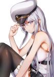  1girl azur_lane bare_arms bare_shoulders belt black_neckwear black_skirt breasts brown_legwear closed_mouth commentary_request enterprise_(azur_lane) hand_on_headwear hand_up hat highres knees_up long_hair looking_at_viewer medium_breasts military military_hat military_uniform miniskirt necktie peaked_cap pleated_skirt purple_eyes shirt sidelocks silver_hair simple_background sitting skirt sleeveless sleeveless_shirt solo thighhighs uniform west_24 white_background white_headwear white_shirt 