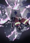 2boys blue_hair chest fire foo_(wei) galo_thymos green_fire green_hair highres male_focus multiple_boys muted_color promare purple_fire shirtless sitting sleeping static 