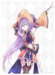  1girl arms_up belt blue_hair candy closed_mouth fire_emblem fire_emblem:_path_of_radiance fire_emblem_heroes food green_eyes hairband halloween_costume hat holding_lollipop lollipop long_hair mia_(fire_emblem) smile solo t_misaomaru thighhighs twitter_username white_hairband witch_hat 