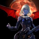  1girl bang_dream! bang_dream!_it&#039;s_mygo!!!!! black_background black_dress black_nails blonde_hair breasts commentary corset doloris_(bang_dream!) dress earrings guitar highres holding holding_instrument holding_plectrum instrument jewelry looking_at_viewer medium_breasts medium_hair misumi_uika moon nail_polish osakana_(denpa_yun&#039;yun) pink_eyes plectrum red_moon red_wings simple_background solo symbol-only_commentary wings 