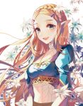  1girl :d absurdres akira_(ying) bangs blonde_hair blurry blurry_foreground blush braid breasts commentary_request crown_braid depth_of_field elf flower forehead green_eyes hair_ornament hairclip heart highres long_hair long_sleeves looking_at_viewer medium_breasts open_mouth parted_bangs pointy_ears princess_zelda puffy_short_sleeves puffy_sleeves short_over_long_sleeves short_sleeves simple_background smile solo the_legend_of_zelda the_legend_of_zelda:_breath_of_the_wild thick_eyebrows upper_body upper_teeth very_long_hair white_background white_flower 