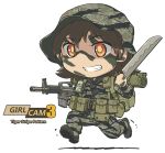  1girl assault_rifle belt boots brown_hair camouflage car-15 facepaint grin gun hat machete military military_uniform original pouch red_eyes rifle running smile tantu_(tc1995) teeth uniform utility_belt weapon 