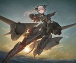  &gt;:( 1girl ace_combat ace_combat_7 blue_eyes commentary_request highres holding holding_weapon looking_at_viewer mecha_musume mechanical_arm mechanical_tail personification railgun side_ponytail solo tail tom-neko_(zamudo_akiyuki) weapon white_hair x-02s_strike_wyvern 