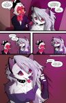 2025 anthro big_breasts black_nose bodily_fluids breasts canid canid_demon canine claws clothed clothed_anthro clothed_female clothed_humanoid clothing collar comic crop_top demon dialogue digital_media_(artwork) duo english_text fangs female finger_claws fur furniture grey_body grey_fur grey_hair hair hellhound helluva_boss hi_res horn humanoid humanoid_on_anthro imp laugh long_comic long_hair loona_(helluva_boss) male male/female mammal moxxie_(helluva_boss) multicolored_body multicolored_fur mythological_canine mythological_creature mythology red_body red_sclera red_skin shirt sitting smile spiked_collar spikes suit swain_(artist) teeth text tongue tongue_out topwear two_tone_body two_tone_fur url white_body white_fur white_hair