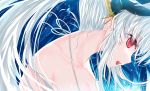  1girl bikini_top breasts cleavage collarbone fate/grand_order fate_(series) floating_hair from_side halterneck horns kiyohime_(fate/grand_order) kiyohime_(swimsuit_lancer)_(fate) long_hair medium_breasts morizono_shiki open_mouth profile red_eyes ribbon silver_hair solo upper_body very_long_hair white_ribbon 
