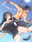  1boy 1girl bandaged_arm bandages bangs black_swimsuit blue_sky breasts casual_one-piece_swimsuit cleavage closed_mouth collarbone covered_navel dual_wielding eyes_visible_through_hair facial_mark folks_(nabokof) hair_between_eyes hair_over_one_eye holding holding_sword holding_weapon long_hair low-tied_long_hair medium_breasts navel one-piece_swimsuit red_eyes rokurou_rangetsu shiny shiny_hair sky smile smug sun swimsuit sword tales_of_(series) tales_of_berseria velvet_crowe very_long_hair weapon weapon_on_back yellow_eyes 