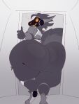 absurd_res akuma_kanji alarmed anthro big_butt bodily_fluids bottom_heavy butt butt_stuck curvy_figure hi_res huge_butt looking_at_viewer looking_back machine male protogen rear_view solo standing stuck_in_door sweat sweatdrop voluptuous voluptuous_male wide_hipped_male wide_hips