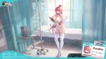  1girl azur_lane bed between_breasts breasts bursting_breasts character_name cleavage copyright_name copyright_notice covered_navel earrings elbow_gloves franklin_(azur_lane) franklin_(heart-throbbing_records)_(azur_lane) full_body gloves hair_between_eyes hat highres holding id_card indoors intravenous_drip jewelry long_hair looking_at_viewer mole mole_on_breast mole_on_groin mole_under_mouth multicolored_hair necktie necktie_between_breasts no_panties nurse nurse_cap official_alternate_costume official_art pillow pink_hair ponytail purple_eyes red_necktie second-party_source skindentation smile standing streaked_hair sweat taut_clothes thick_thighs thighhighs thighs white_gloves white_hair white_thighhighs window 