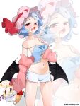  1girl absurdres alternate_costume asaka_haru123 babydoll bat_wings blue_babydoll blue_hair breasts clothes_lift doll drooling flandre_scarlet forehead hat hat_ribbon highres jacket lifting_own_clothes messy_hair midriff mob_cap navel pink_hat pink_jacket red_eyes remilia_scarlet ribbon shorts small_breasts solo thighs touhou white_shorts wings yawning 