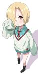  1girl amate_yuzuriha amate_yuzuriha_(cosplay) aqua_shirt aqua_skirt black_boots black_necktie blonde_hair blush boots closed_mouth collared_shirt cosplay ear_piercing earrings full_body gundam gundam_gquuuuuux hair_over_one_eye halulu highres idolmaster idolmaster_cinderella_girls jewelry long_sleeves looking_at_viewer necktie piercing pleated_skirt red_eyes red_necktie shirasaka_koume shirt short_hair skirt sleeves_past_fingers sleeves_past_wrists smile solo standing striped_necktie sweater v-neck white_sweater 